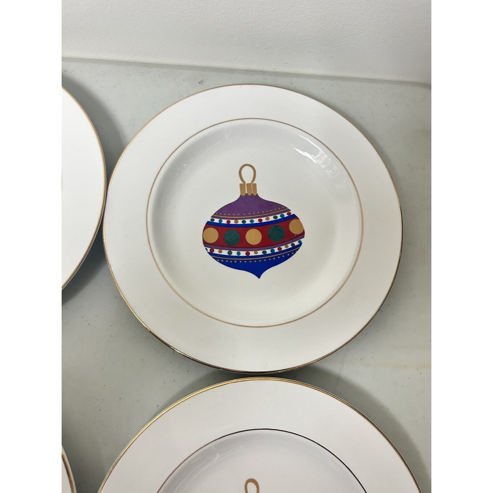 Vintage Gibson Set of 6 Christmas Ornaments Dessert Salad Plate 9" Gold Rim DECO - Picture 7 of 9